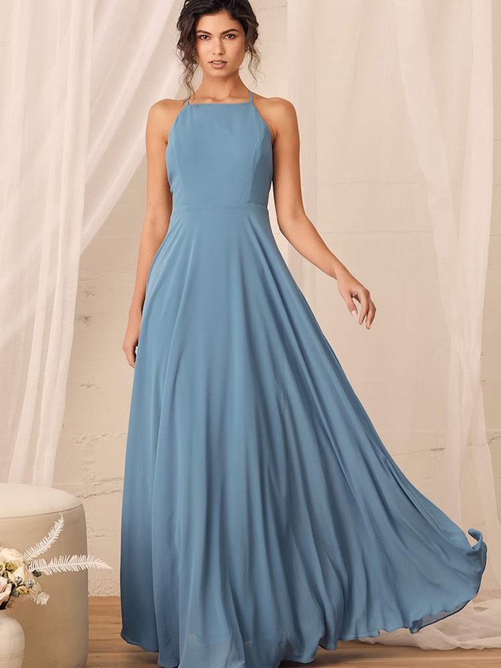 Lulu's Misty Blue Halter Maxi Dress